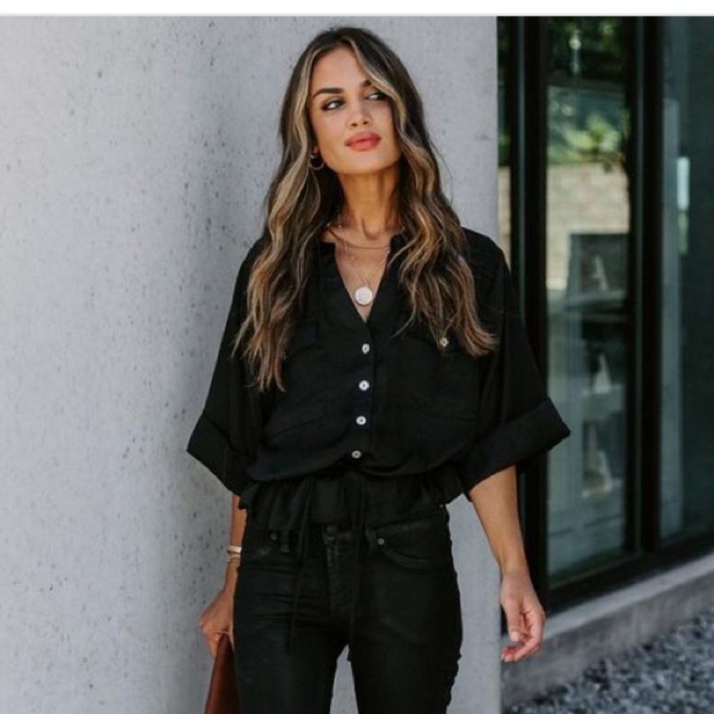 *NWT* VICI Black satin drawstring utility blouse